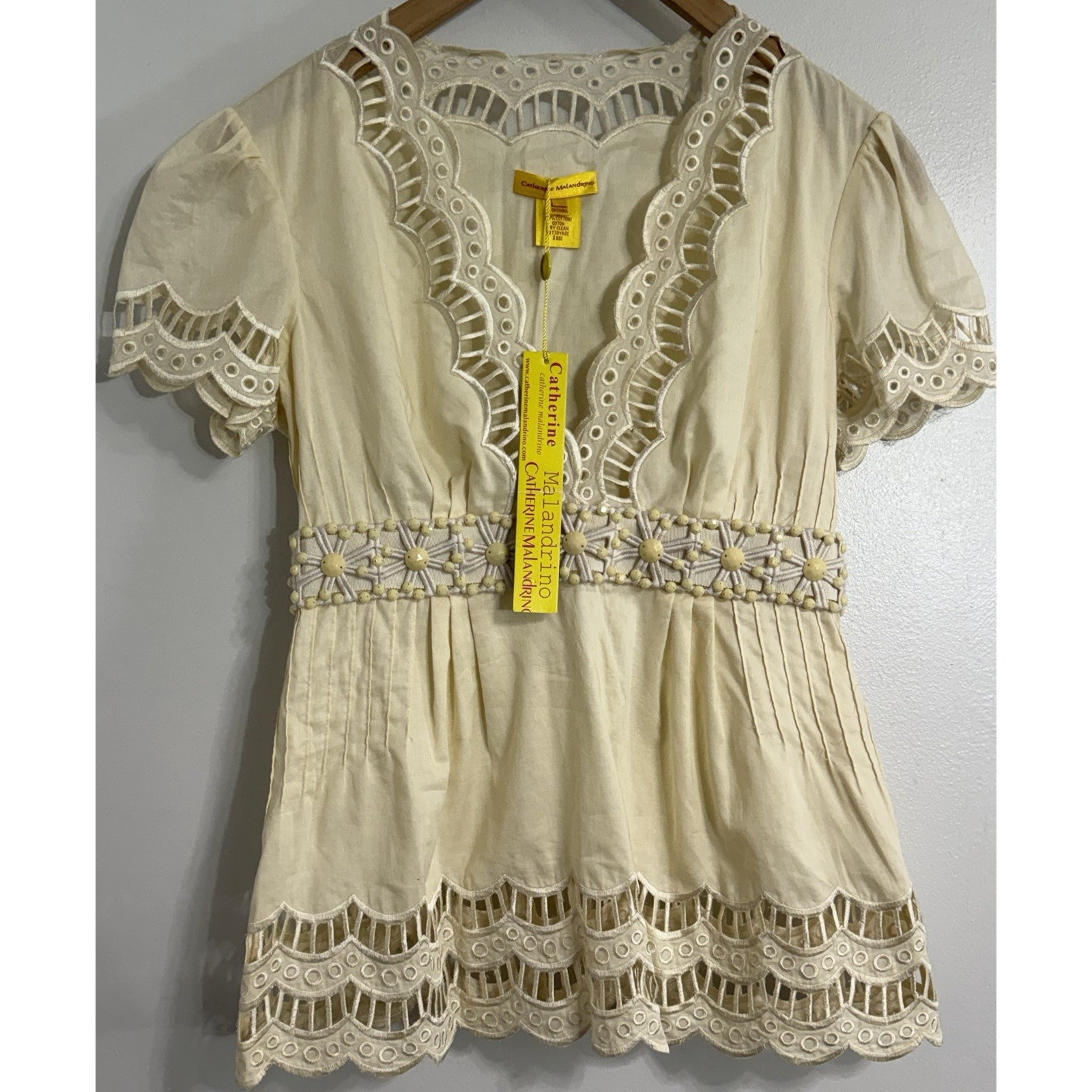 New Catherine Malandrino Vneck Cream Beaded Flower Lace Blouse Top Sz 6 Nwt $445